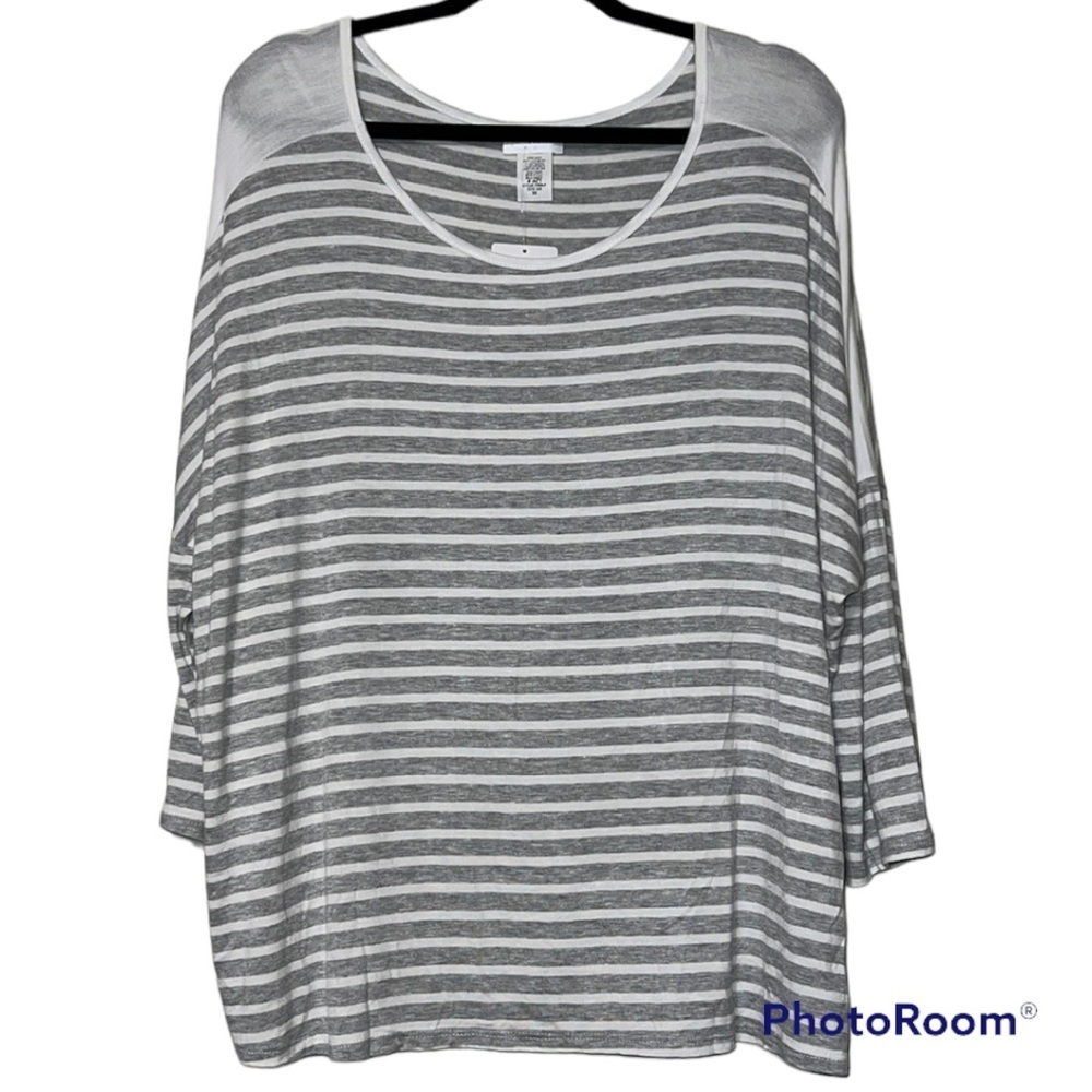 BELLINO size 3X scoop neck 3/4 sleeve grey white striped very soft stretchy NWT